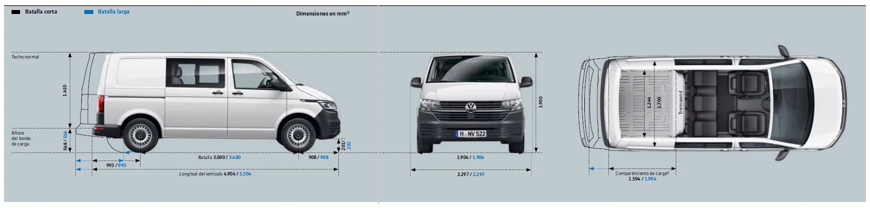 Medidas de la Volkswagen T6 de batalla corta y larga según Volkswagen: largos de 4904 y 5304 mm