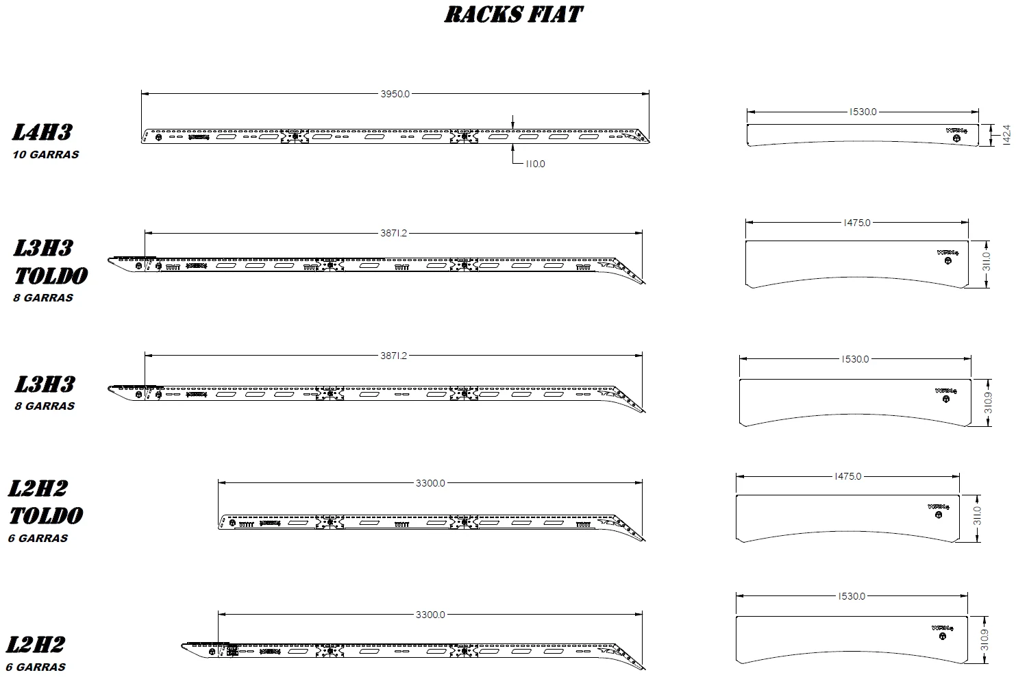 Plano WRX4 de los racks Fiat: L4 H3 de 3950 mm, L3 H3 de 3871,2 y L2 H2 de 3300, con y sin toldo, y sus viseras traseras