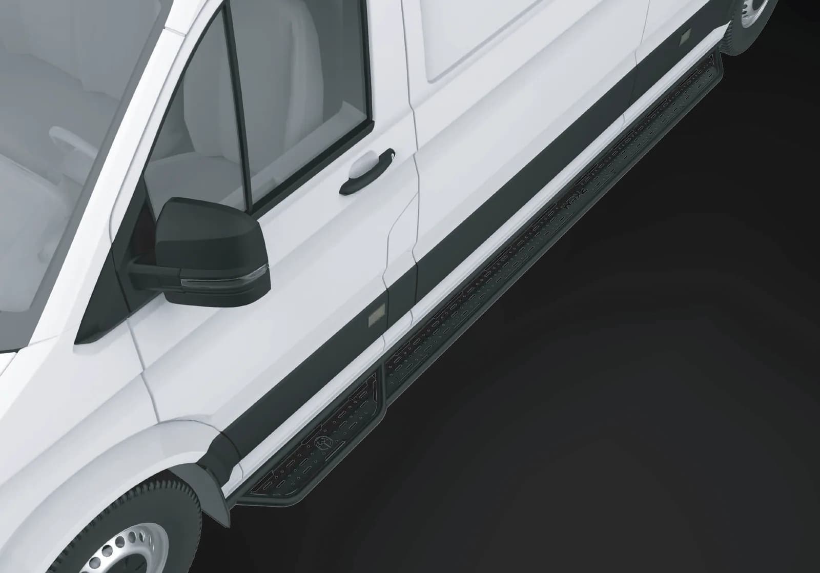 Render de la estribera lateral WRX4 montada bajo las puertas de una furgoneta