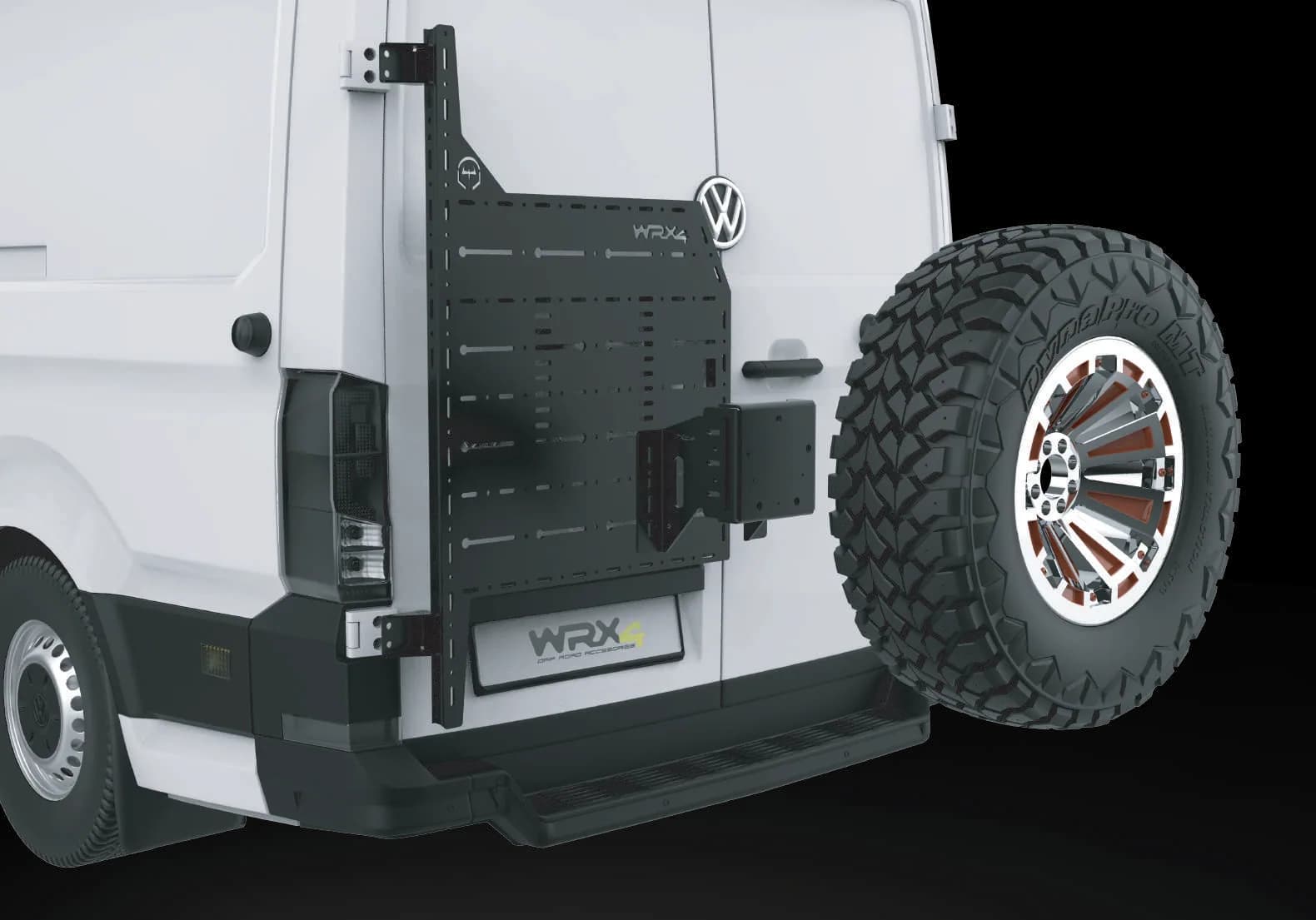 Render del porta ruedas WRX4 atornillado al panel trasero con la rueda de repuesto