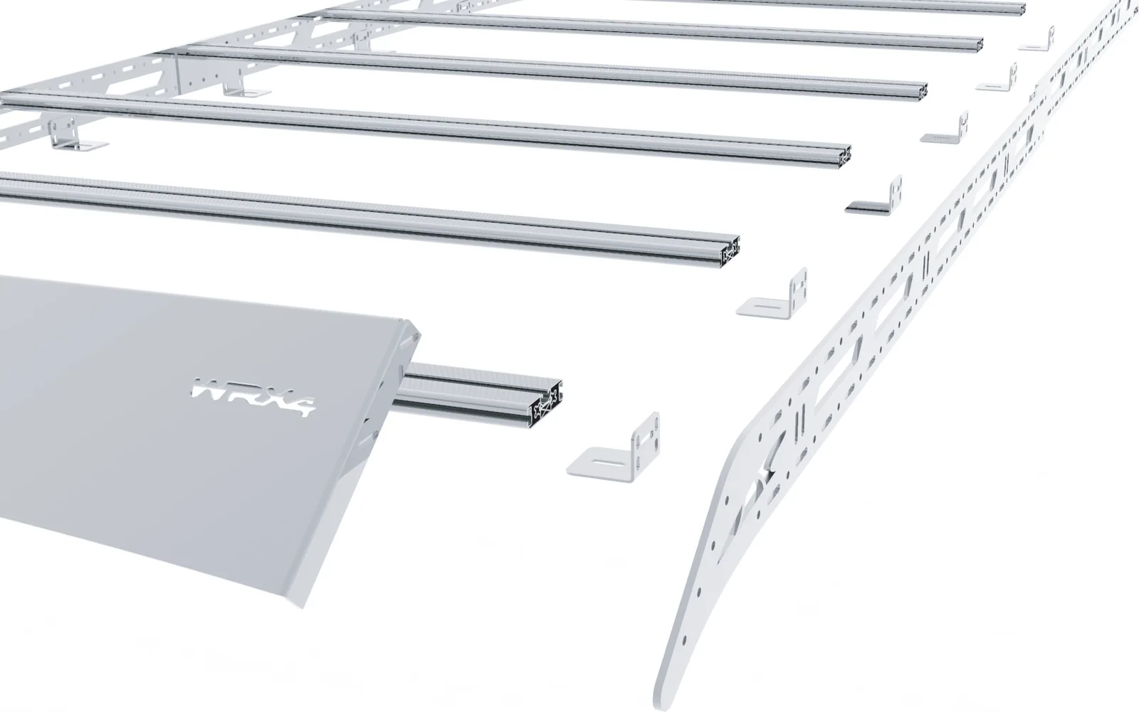Despiece del rack WRX4: visera delantera, perfiles, escuadras en L, laterales y placas de unión